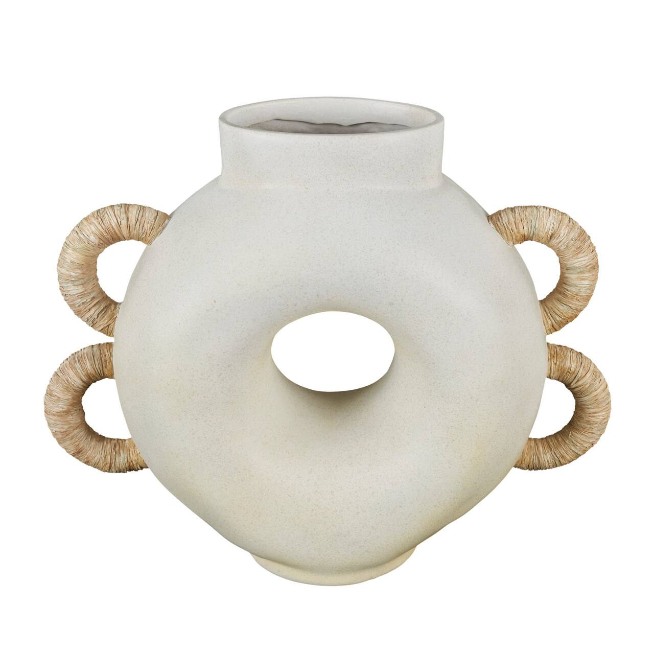 16" Cream Round Speckled Vase with Woven Inspired Arched Handles & Cutout Opening